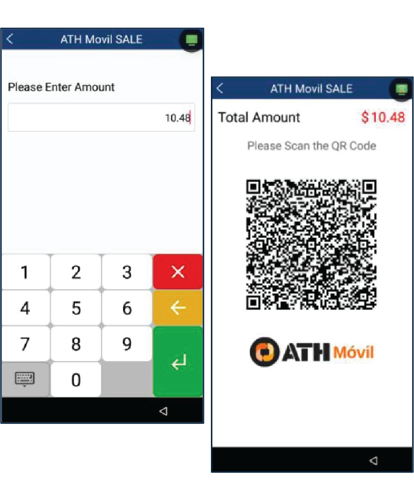 Entre la cantidad total, los impuestos y propina (si aplica) luego, presione Enter. El terminal mostrará el código QR.