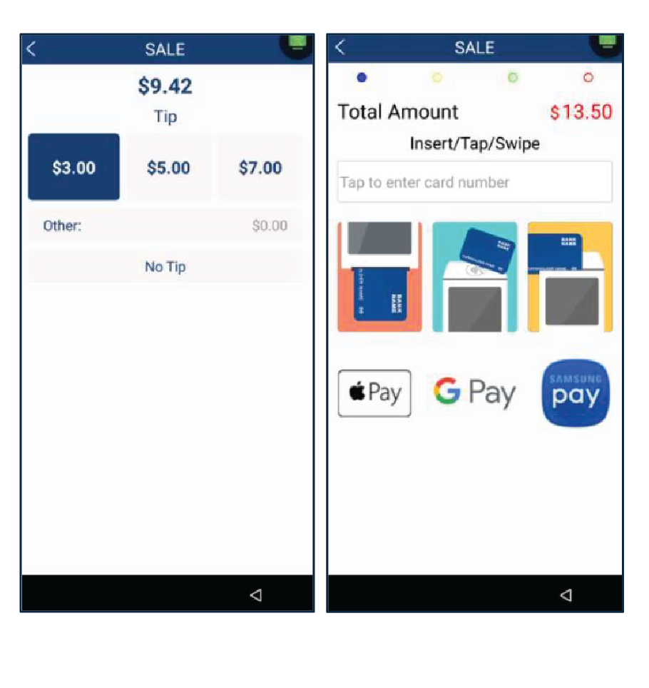 Entre la cantidad, impuestos e incluya propina. En la pantalla de insertar/tocar/deslizar, el cliente podrá pagar con una tarjeta de crédito o débito.