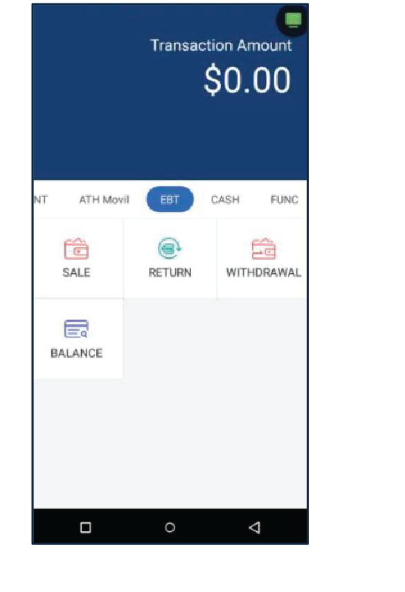Presione Evertec que se encuentra en el menú principal. Luego, en la sección de EBT, presione Sale.