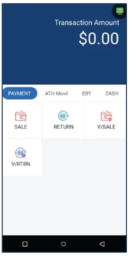 Presione Evertec que se encuentra en el menú principal. Luego, en la sección de Payment, presione Sale.