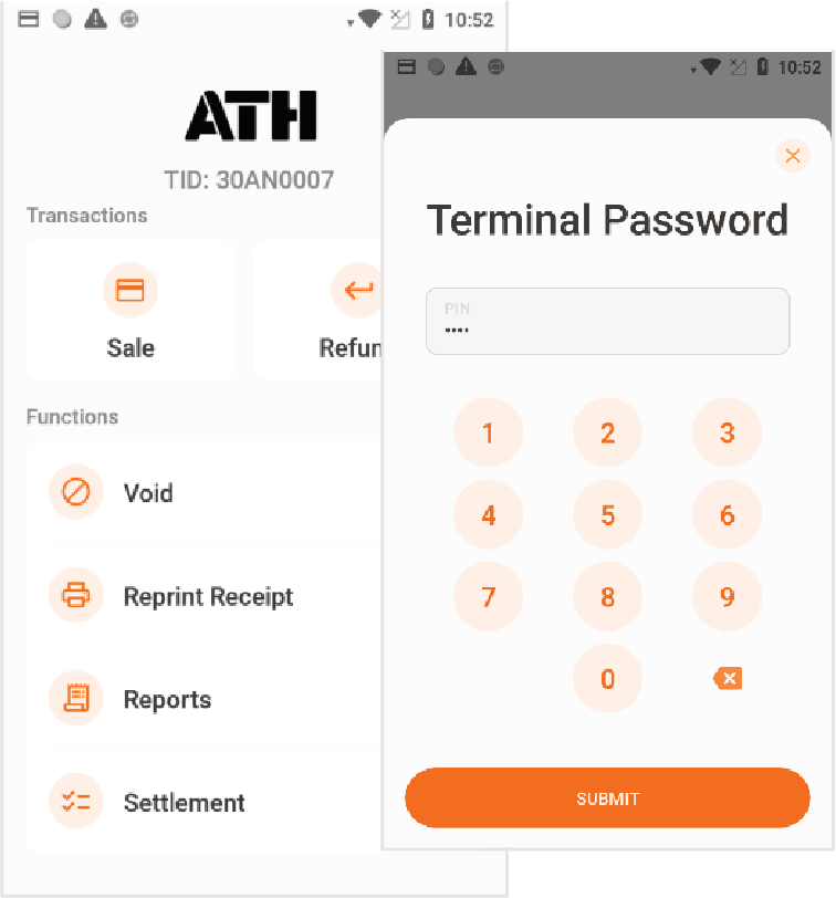 Presione PayAtTable localizado en el menú principal. Luego, Reprint Receipt. Entre el Terminal Password.