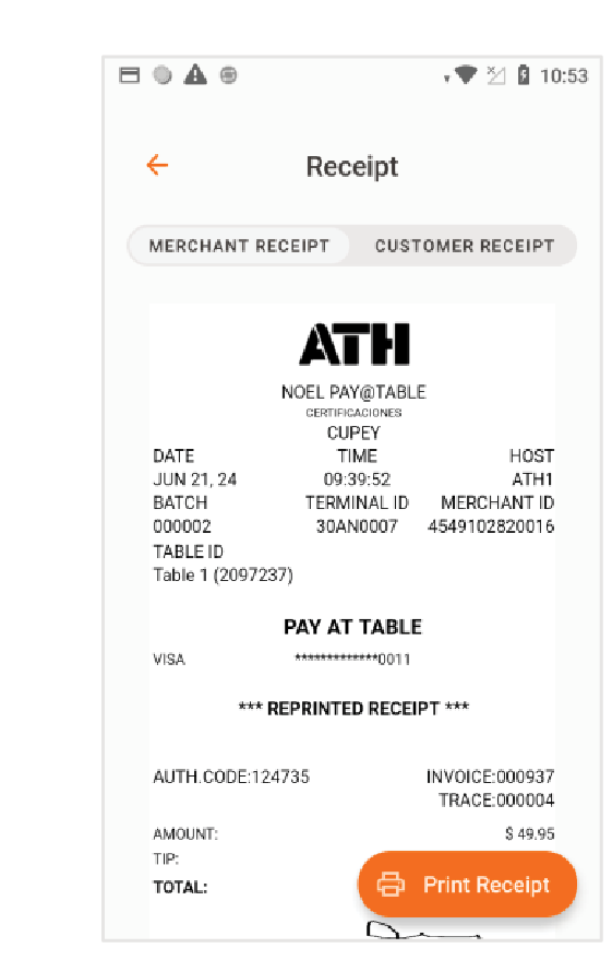 Seleccione el tipo de recibo que desea imprimir. Luego, presione Print Receipt. El terminal imprimirá automáticamente el recibo seleccionado.