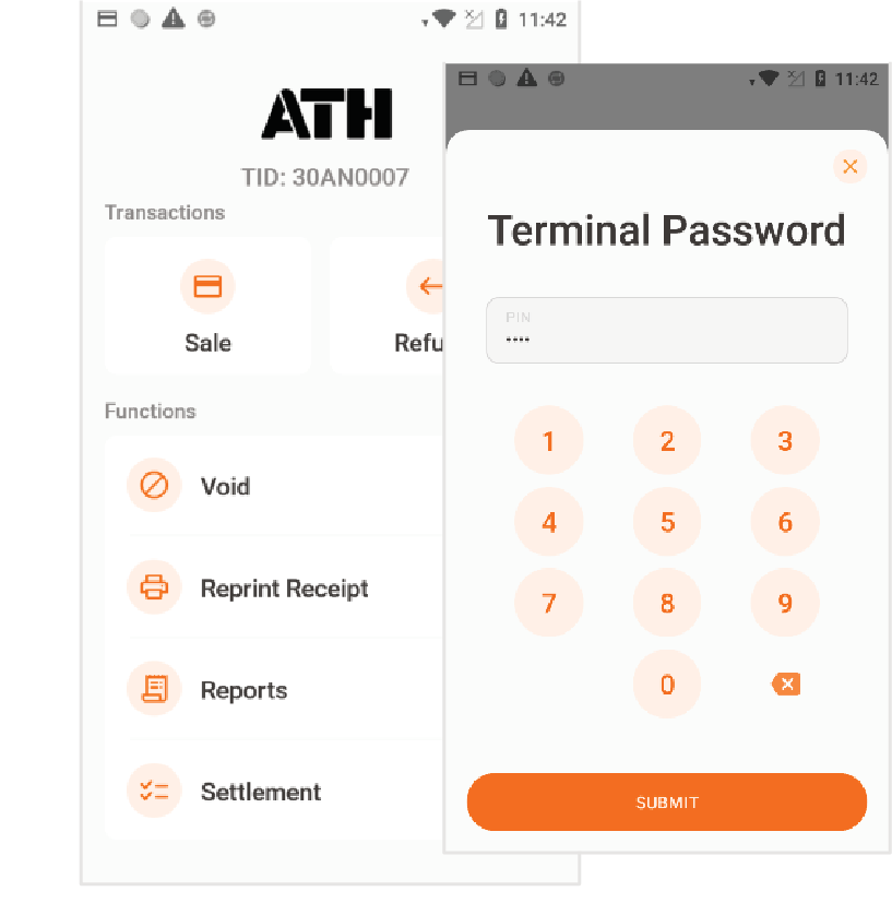 Presione PayAtTable localizado en el menú principal. Presione Refund. Luego, entre el Terminal Password. 