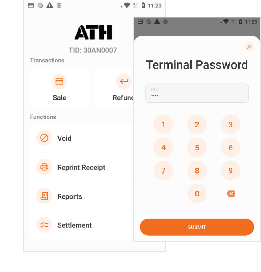 Presione PayAtTable localizado en el menú principal. Luego, Settlement. Entre el Terminal Password.